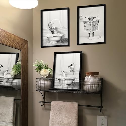 Farmhouse Style Framed Bathroom Wall Art Set, Funny Animals