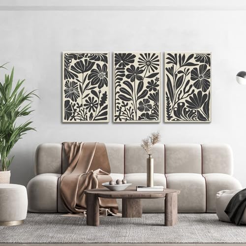 Black Floral Botanical Canvas Wall Art Prints Set