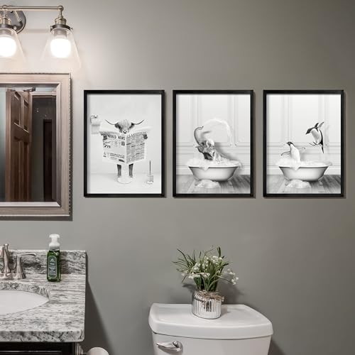 Farmhouse Style Framed Bathroom Wall Art Set, Funny Animals