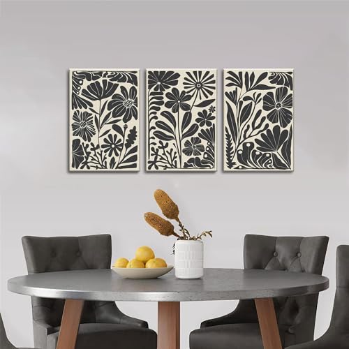 Black Floral Botanical Canvas Wall Art Prints Set