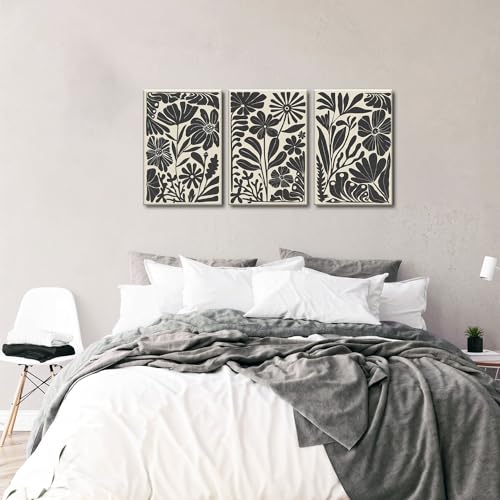 Black Floral Botanical Canvas Wall Art Prints Set