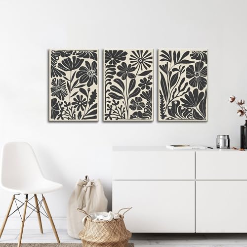 Black Floral Botanical Canvas Wall Art Prints Set