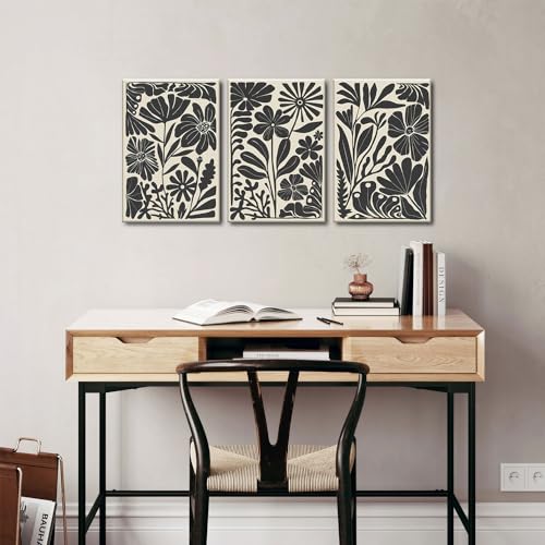 Black Floral Botanical Canvas Wall Art Prints Set
