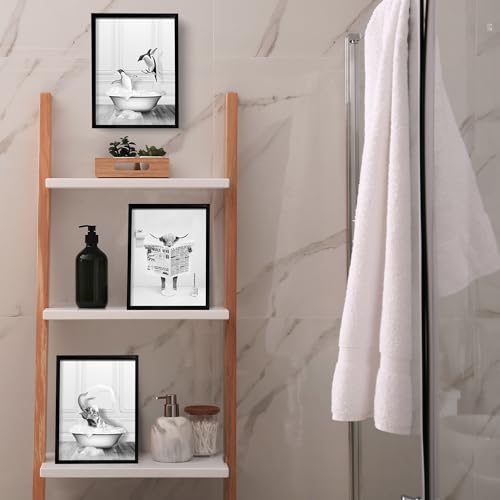 Farmhouse Style Framed Bathroom Wall Art Set, Funny Animals