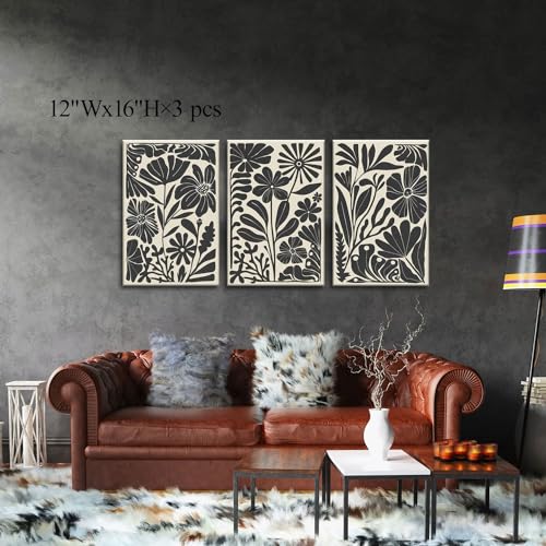 Black Floral Botanical Canvas Wall Art Prints Set