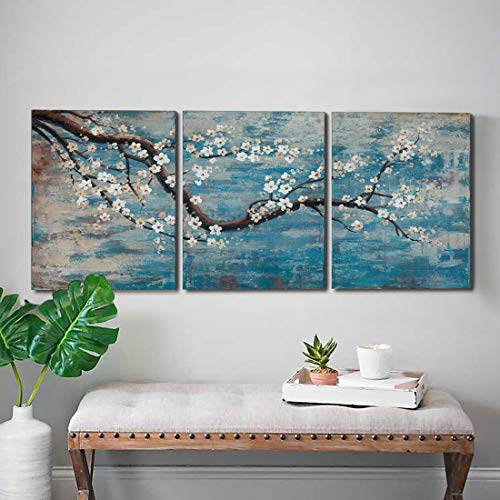 Hand-Painted Teal Blue Lake Floral Canvas Wall Art Set