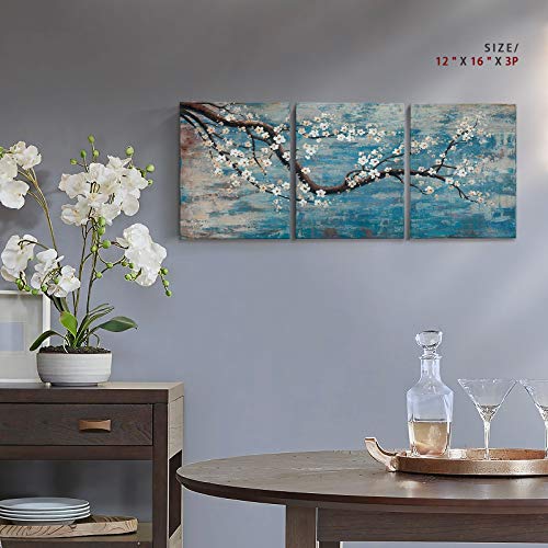 Hand-Painted Teal Blue Lake Floral Canvas Wall Art Set