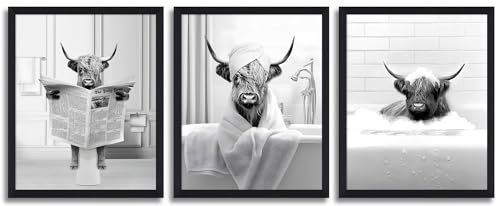 Highland Cow Funny Bathroom Wall Art Set