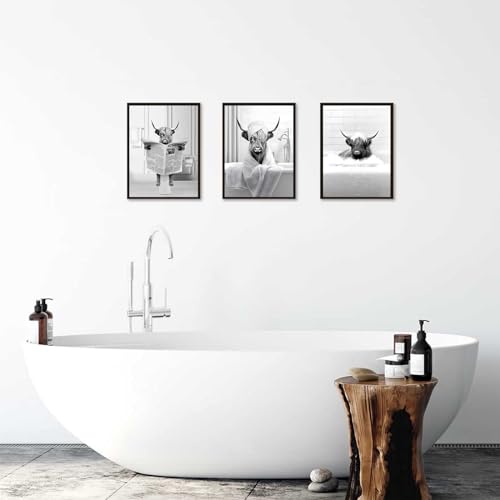 Highland Cow Funny Bathroom Wall Art Set