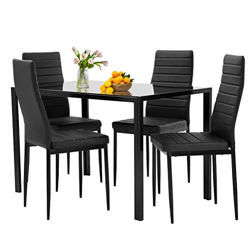 Modern Black Glass Dining Table Set for Small Spaces
