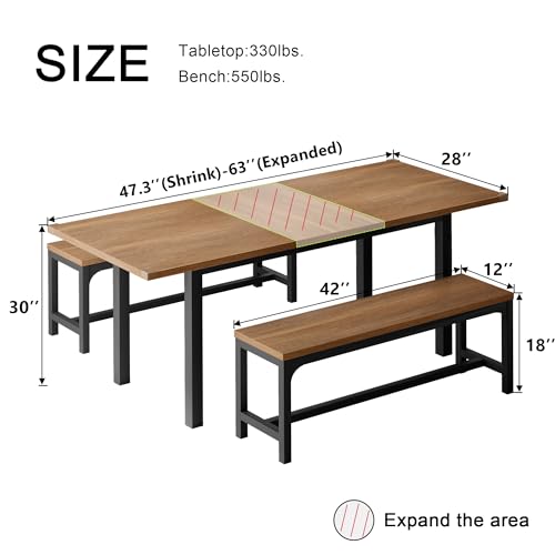 Feonase Extendable Dining Table Set with Benches, Walnut
