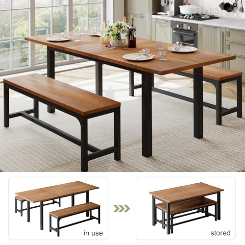 Feonase Extendable Dining Table Set with Benches, Walnut