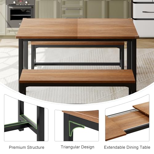 Feonase Extendable Dining Table Set with Benches, Walnut
