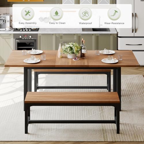Feonase Extendable Dining Table Set with Benches, Walnut