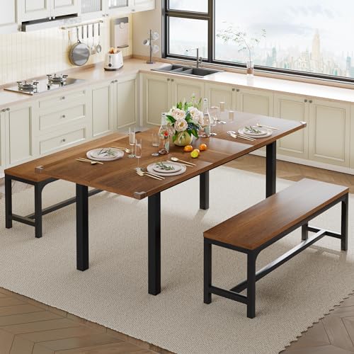 Feonase Extendable Dining Table Set with Benches, Walnut
