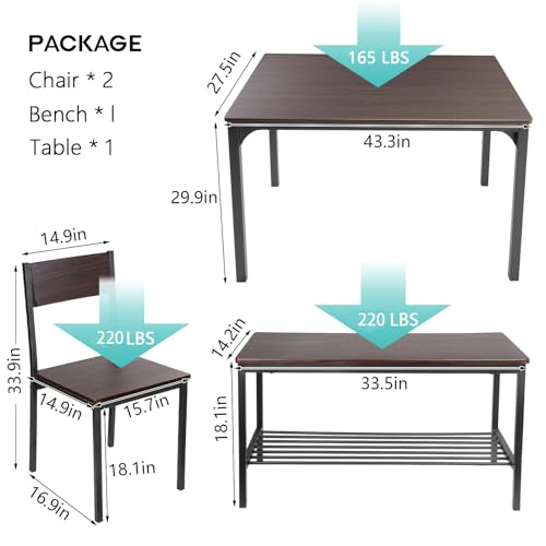 Soges Rustic Oak Dining Set for 4, Nesting Furniture