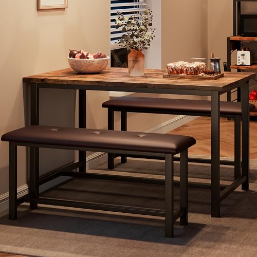 Rustic Brown Dining Table Set with Upholstered Bench