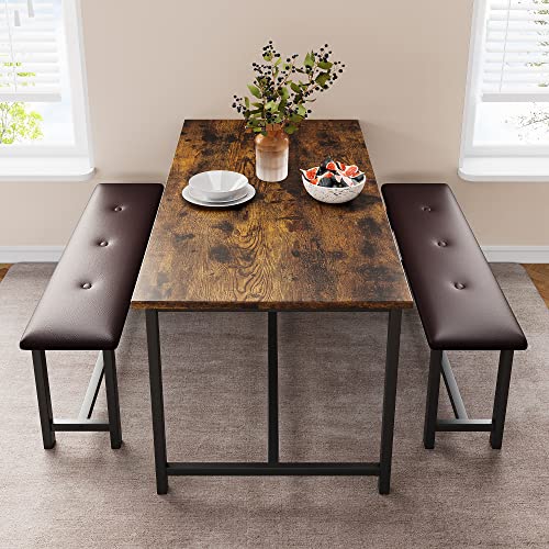 Rustic Brown Dining Table Set with Upholstered Bench