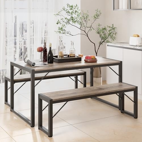Grey Dining Table Set for 4 with Benches