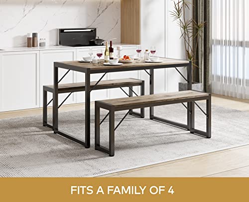 Grey Dining Table Set for 4 with Benches