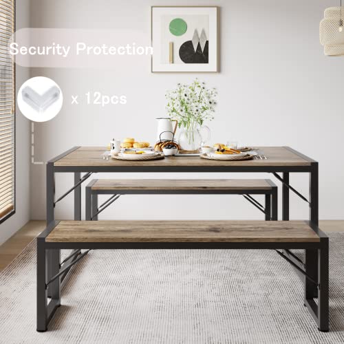 Grey Dining Table Set for 4 with Benches