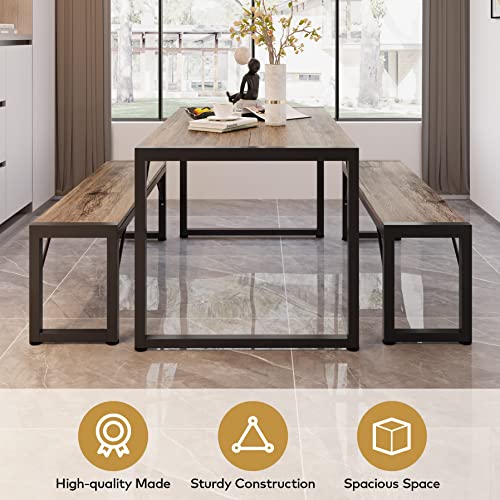 Grey Dining Table Set for 4 with Benches