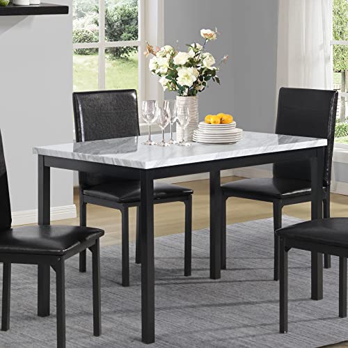 Roundhill Metal Dining Table with Faux Marble Top, Off-White