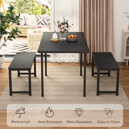 Mid Century-Modern 3-Piece Dining Table Set with Benches