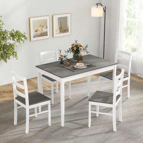 Tangkula 4-Person Dining Table Set, Farmhouse Style, Grey/White