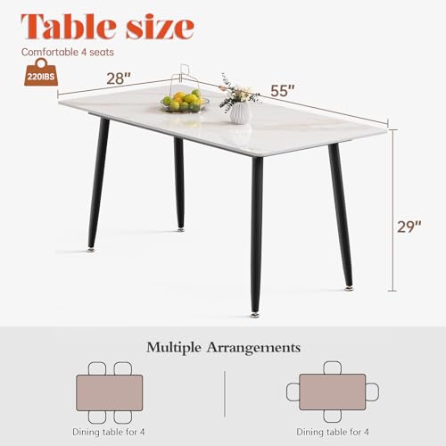 Elegant 55" White Marble Dining Table with Metal Legs