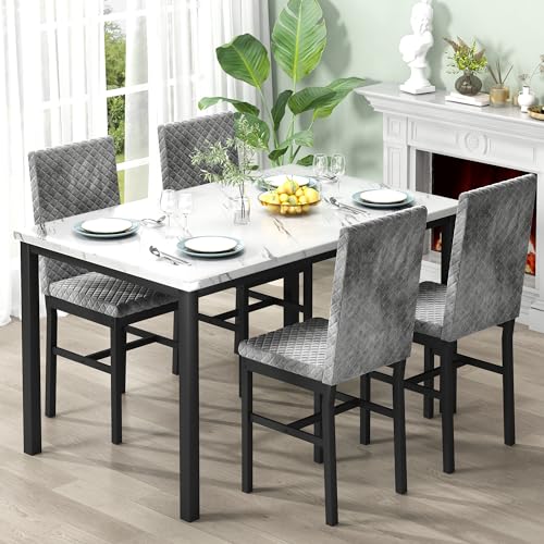 Elegant Faux Marble Dining Set with Velvet Chairs