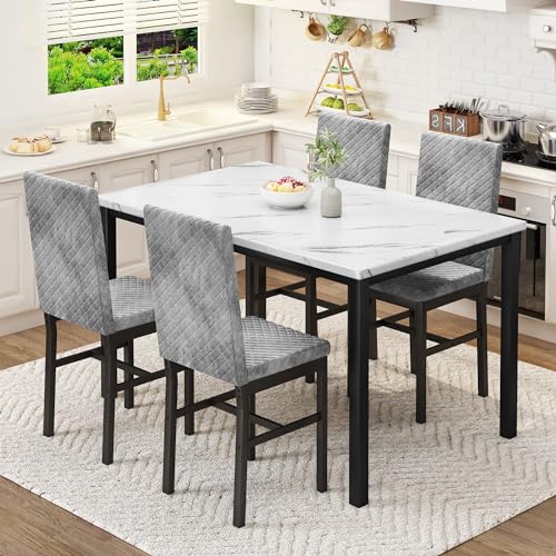 Elegant Faux Marble Dining Set with Velvet Chairs