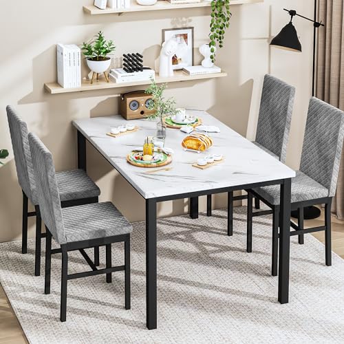 Elegant Faux Marble Dining Set with Velvet Chairs