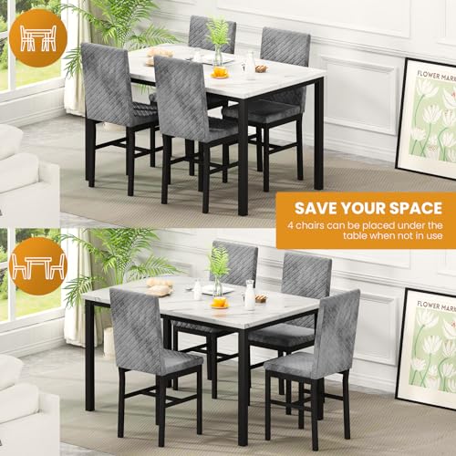 Elegant Faux Marble Dining Set with Velvet Chairs
