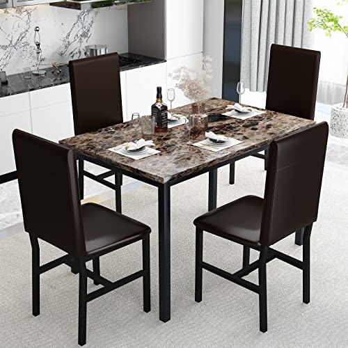 5 Piece Faux Marble Dining Table Set with Chairs