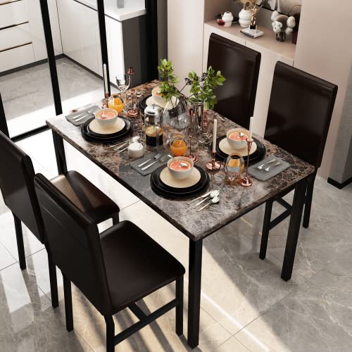 5 Piece Faux Marble Dining Table Set with Chairs