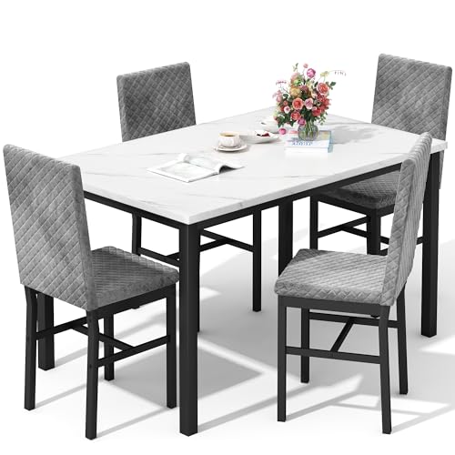 Elegant Faux Marble Dining Set with Velvet Chairs