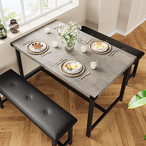 Retro Grey Dining Table Set for 4 with Benches