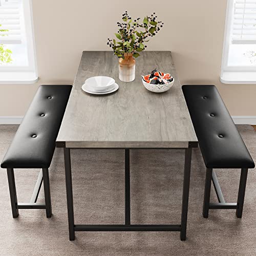 Retro Grey Dining Table Set for 4 with Benches