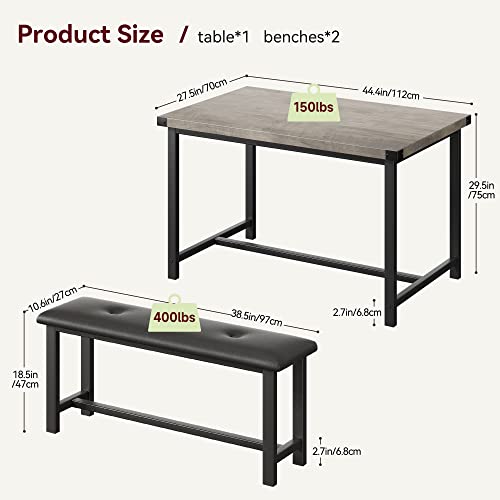 Retro Grey Dining Table Set for 4 with Benches