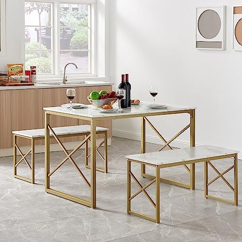 VECELO Kitchen Table Set with 2 Benches White/Gold