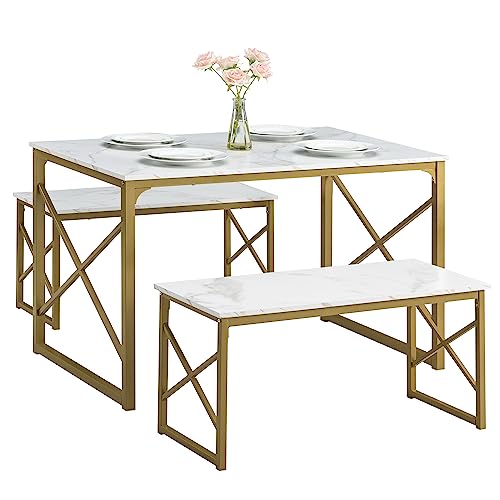 VECELO Kitchen Table Set with 2 Benches White/Gold