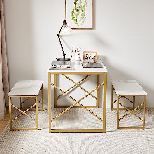 VECELO Kitchen Table Set with 2 Benches White/Gold