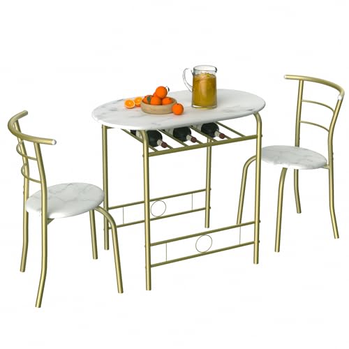 VECELO Small Round Dining Set, Wood Grain, Wine Storage