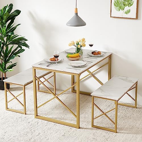 VECELO Kitchen Table Set with 2 Benches White/Gold