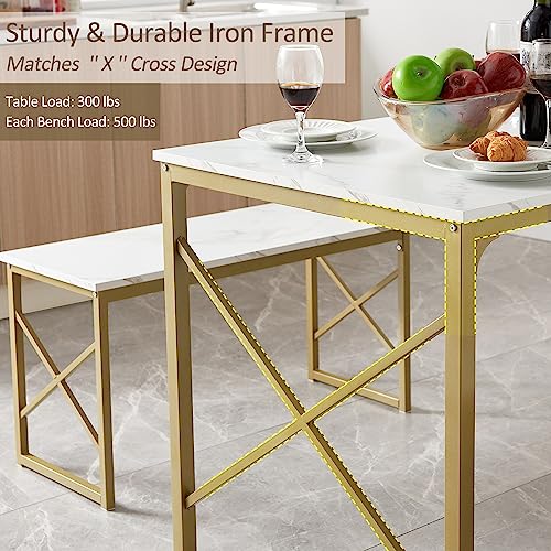 VECELO Kitchen Table Set with 2 Benches White/Gold
