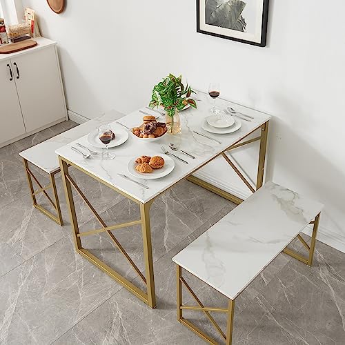 VECELO Kitchen Table Set with 2 Benches White/Gold