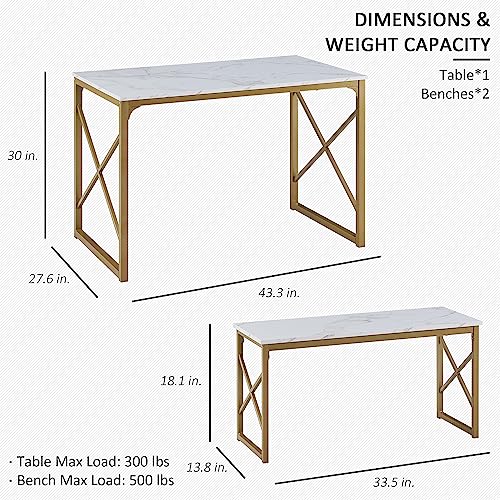 VECELO Kitchen Table Set with 2 Benches White/Gold
