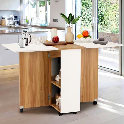 Folding Drop Leaf Dining Table with Lockable Wheels