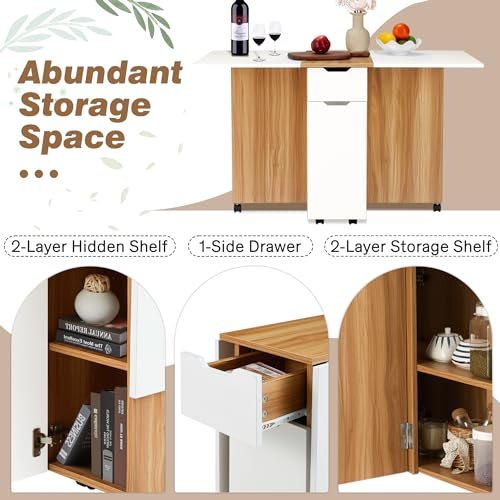 Folding Drop Leaf Dining Table with Lockable Wheels